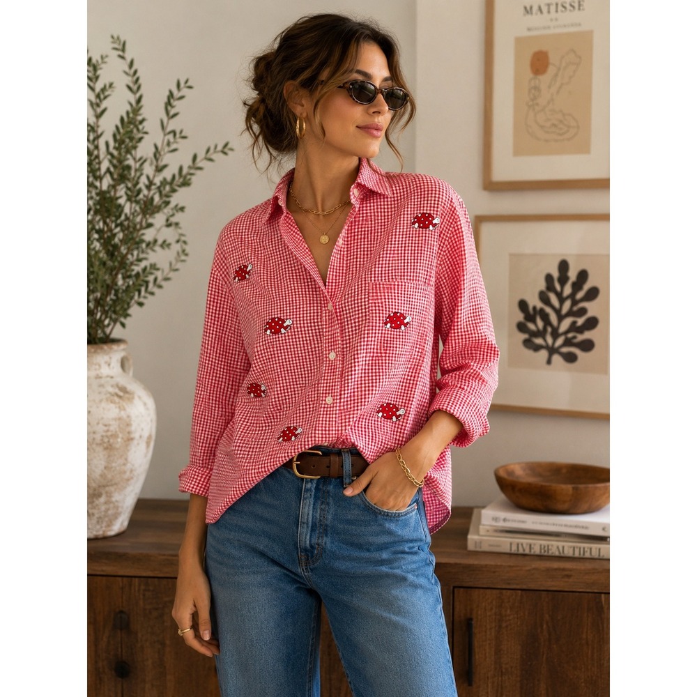Mili Designs Red Gingham Ladybug Embroidered Button Down Shirt Rhinestone Small
